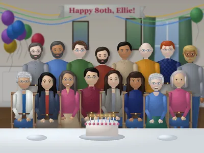 Everyone together for Mom's 80th — with Eleanor Halloran, Thomas Joseph Halloran, Susan Halloran, Catherine Delgado, Robert Delgado, Michael Halloran, David Chen, Emily Grace Okafor, Daniel Halloran, Nina Delgado, Marco Delgado, Karl Weber, Margaret Brennan and Bill Sullivan